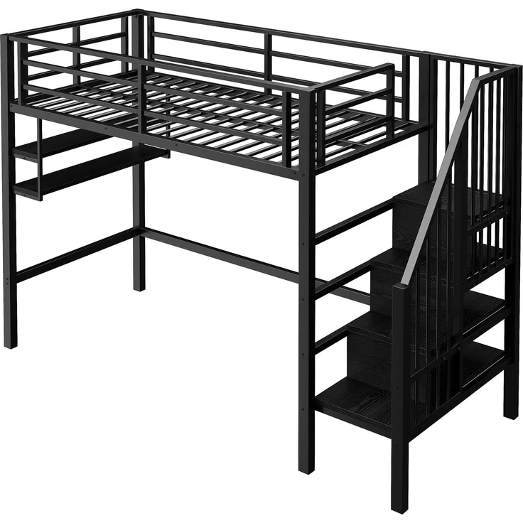 Bett 90x200 cm Hochbett mit Stauraumleiter und Einlegeböden – platzsparendes Kinderhochbett in Schwarz – Bild 9
