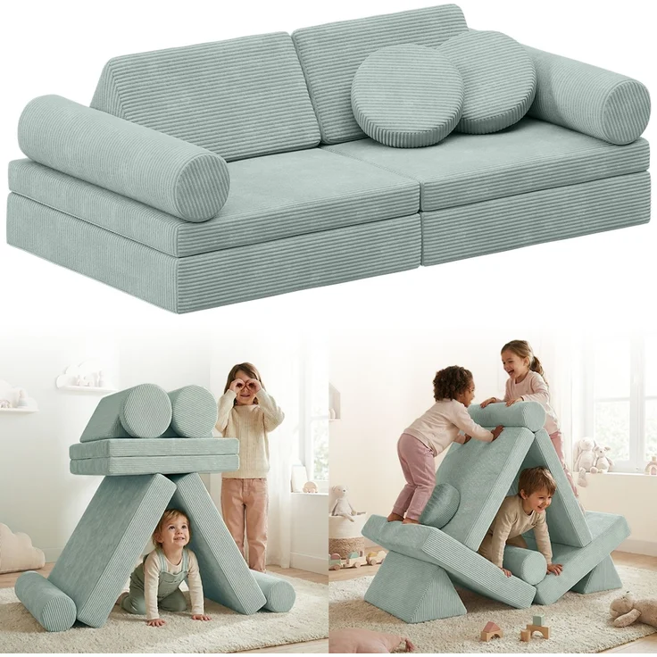 Bellabino 'Nile' Spielsofa mit Kissen und Armlehnen, 8-tlg, Cord, türkis, faltbare Kindercouch, abnehmbarer & waschbarer Bezug, Kindersofa aus Schaumstoff – Bild 1