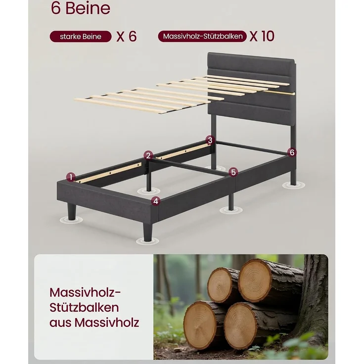 VASAGLE Bettgestell, Einzelbettgestell, passend für 90 x 200 cm Matratze, verstellbares gepolstertes Kopfteil, modern, grau – Bild 5