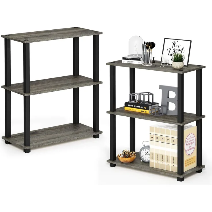 Furinno Turn-S-Tube Scaffale espositivo multiuso compatto a 3 ripiani Con tubo Quadrato, Französische Eiche/Schwarz