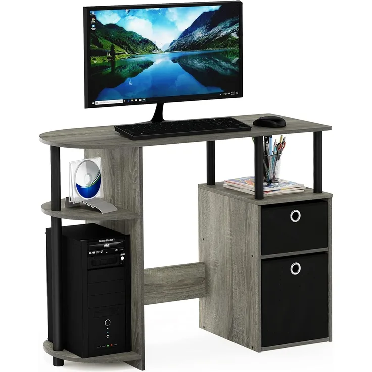 Furinno JAYA Simplistisch Computer-Schreibtisch mit Schubladen, Französische Eiche/Schwarz/Schwarz