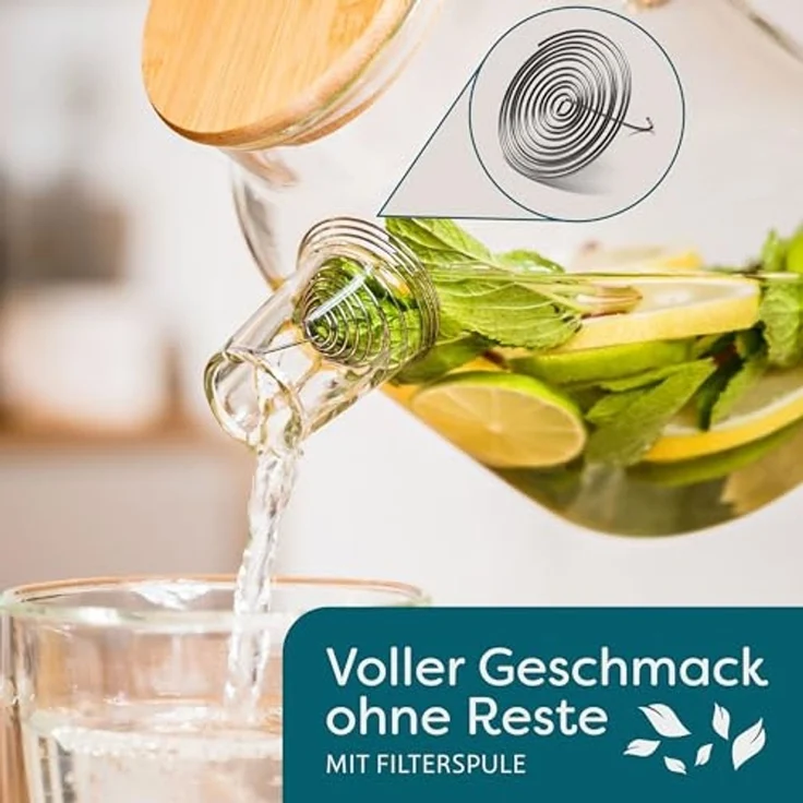 Cosumy Teekanne Teekanne Glas 1,5 Liter mit Deckel aus Bambus - Filter im Auslauf, 1500 l, (Packung, Teekanne mit Deckel), Getränke – Bild 4