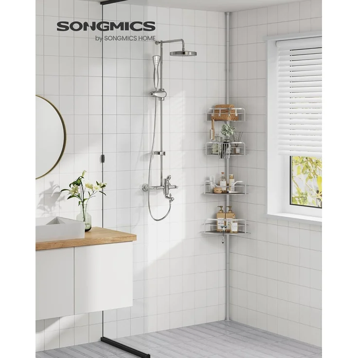 Songmics Duschregal, Badregal, Duschablage ohne Bohren, Gesamthöhe 80-323 cm, mit 4 Ebenen, Regal höhenverstellbar, für Badezimmer, taubengrau BCBDE003E01 – Bild 2