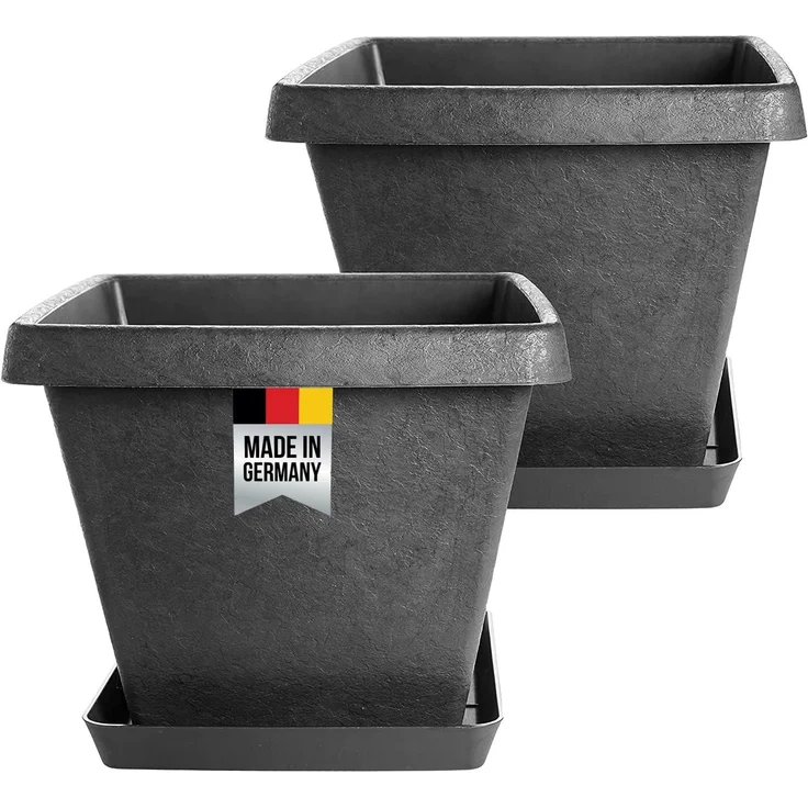 Centi Pflanzkübel 2 Stk Blumenkübel, Pflanzkübel eckig und Untersetzer (Set, 2 St, 34x34 cm, Farbe: anthrazit, Made in Germany), Pflanztopf, innovatives Stone-Design, extra stabil – Bild 1