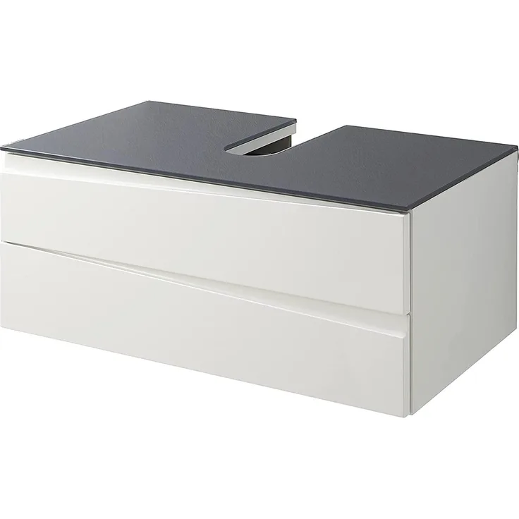 byLIVING Waschtisch SHAPE / Moderne Bad Kommode / Front Hochglanz Weiß / 2 Schubladen mit gefräster Griffeiste / Korpus Melamin weiß / Glasablage Grau / Schrank / 80 x 33 x 46 cm (BxHxT)