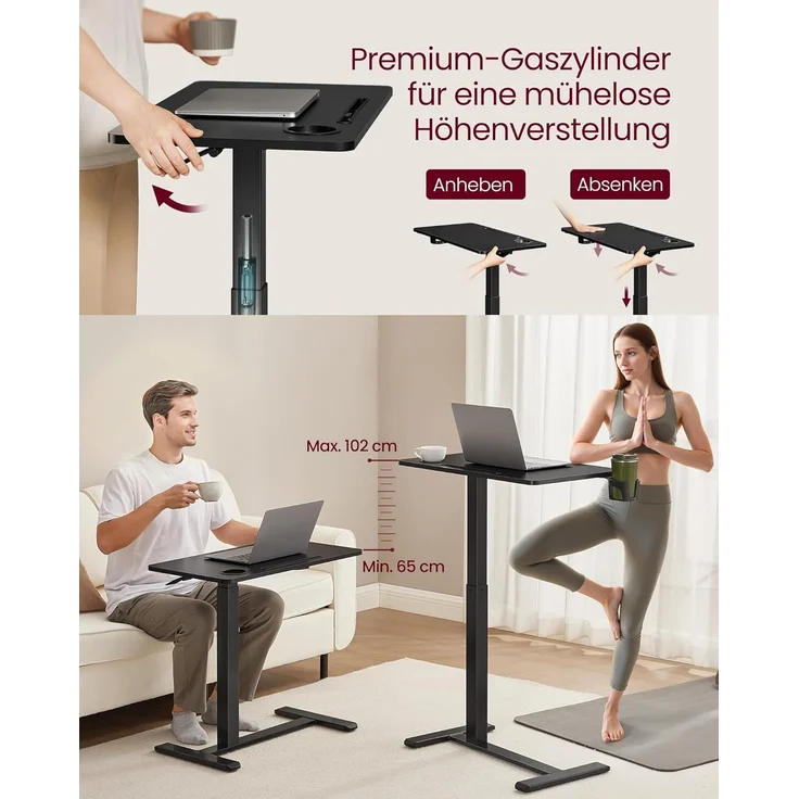 VASAGLE Beistelltisch mit Rollen, mobiler Stehtisch, 70x40 cm große Tischplatte, verstellbare Höhe, 2 Getränkehalter, Schlitz für Handy oder Tablet, tintenschwarz LSD600B01 – Bild 2