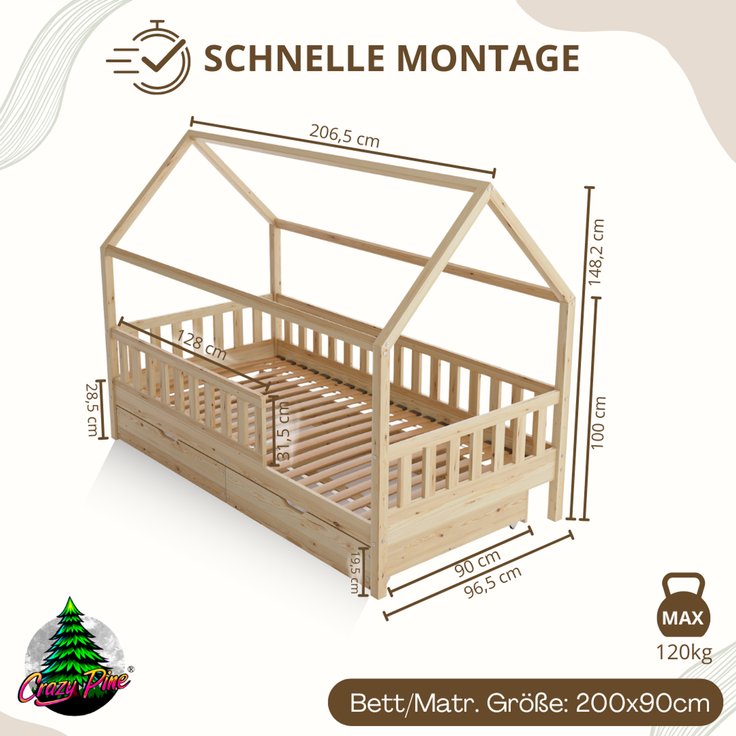 Crazy Pine 'Crazy Blanco' Hausbett mit Rausfallschutz, Skandinavisches Design, Naturholz, Natur, 90x200 cm, mit Schubladen – Bild 2