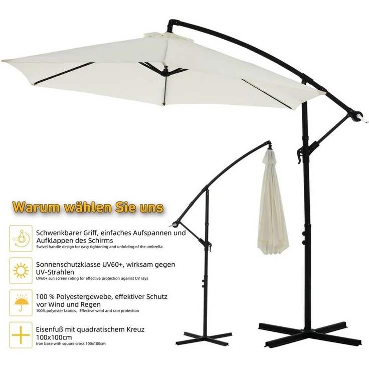 Sonnenschirm 350 cm Ampelschirm Beige Kurbelschirm Gartenschirm Marktschirm Strandschirm Terrassenschirm 3,5 m Meter Aufklappbar Sonnenschutz Garten – Bild 2