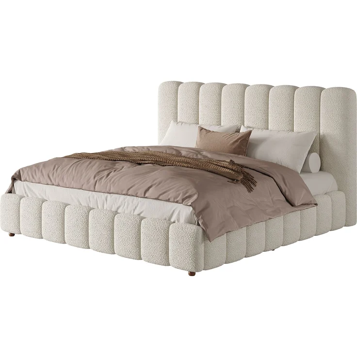 Merax Polsterbett, Doppelbett, 160*200cm, Bett mit Lattenrost und gepolstertes Kopfteil, Beine aus Massivholz, Bouclé, Weiß – Bild 10