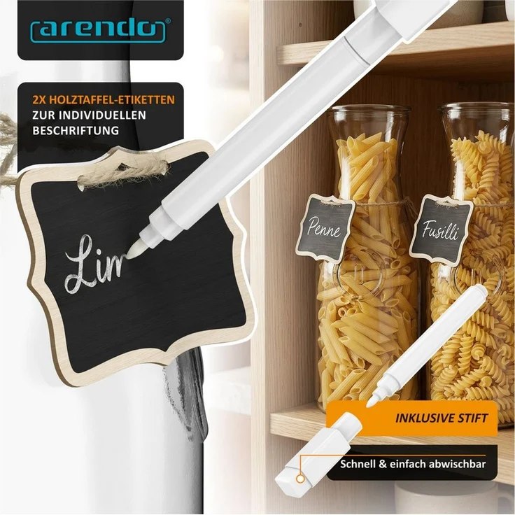 Arendo Karaffe Glaskaraffe mit Deckel, Wasserkaraffe, Glaskrug 2er Set 1L, (Set, 2-tlg, 2 Karaffen mit Deckeln und 2 Holztafel-Etiketten), Kalt- und Warmgetränke, 1000 ml, hochwertiges, robustes Klarglas – Bild 4