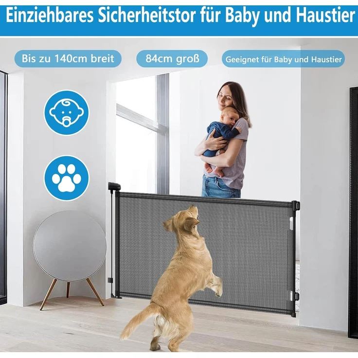 Reppenschutzgitter Ausziehbare für Babys,0-140 cm,83 cm Hoch Baby Absperrgitter Treppenschutzrollo,Einhändig Bedienbar,Geeignet für Treppen/Türen/Innen & Außen türschutzgitter (140cm/schwarz) – Bild 3