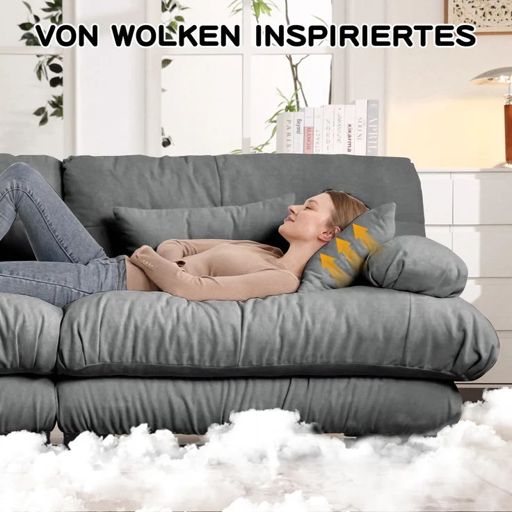 ZUBALIYA Modulare Wohnlandschaft, modular kombinierbar, mit Hocker, H 81 × T 145 × B 406 cm, Grau, Chenille – Bild 18