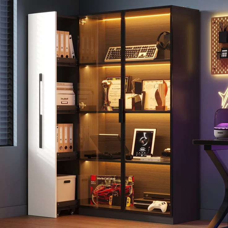LED-Glasvitrine 110,5 x 35 x 160 cm aus MDF und Sicherheitsglas in Schwarz-Weiß – Bild 2