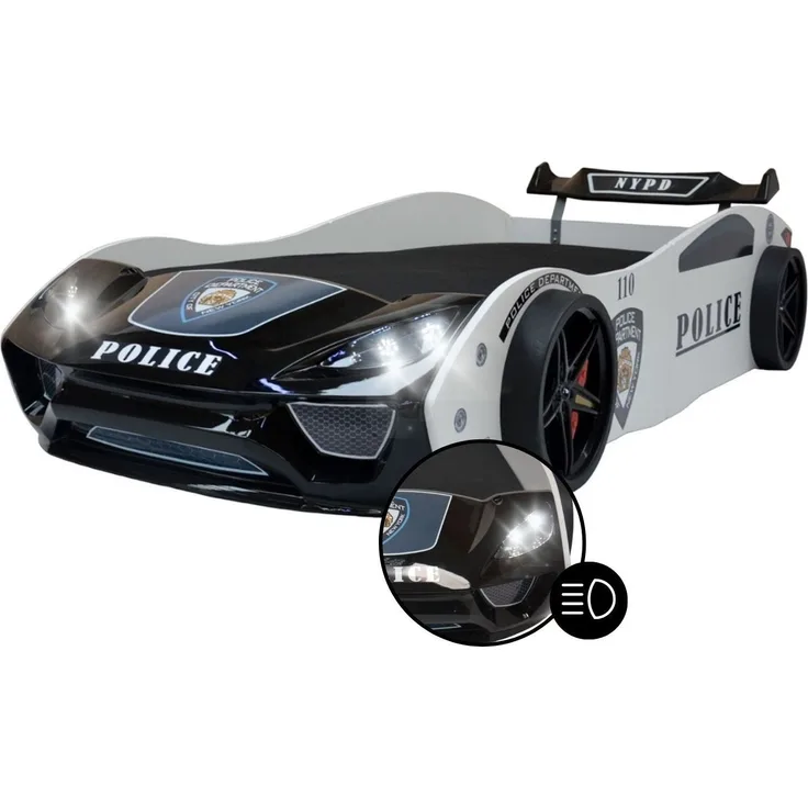Autobett V2 POLICE Kinderbett 90x200 Schwarz/Weiß mit Spoiler LED-Licht und Lattenrost
