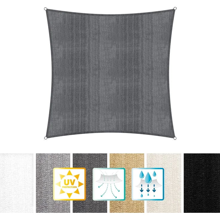 Lumaland Sonnensegel inkl. Befestigungsseile, 100% HDPE mit Stabilisator für UV Schutz, Quadrat 3x3 Meter dunkelgrau