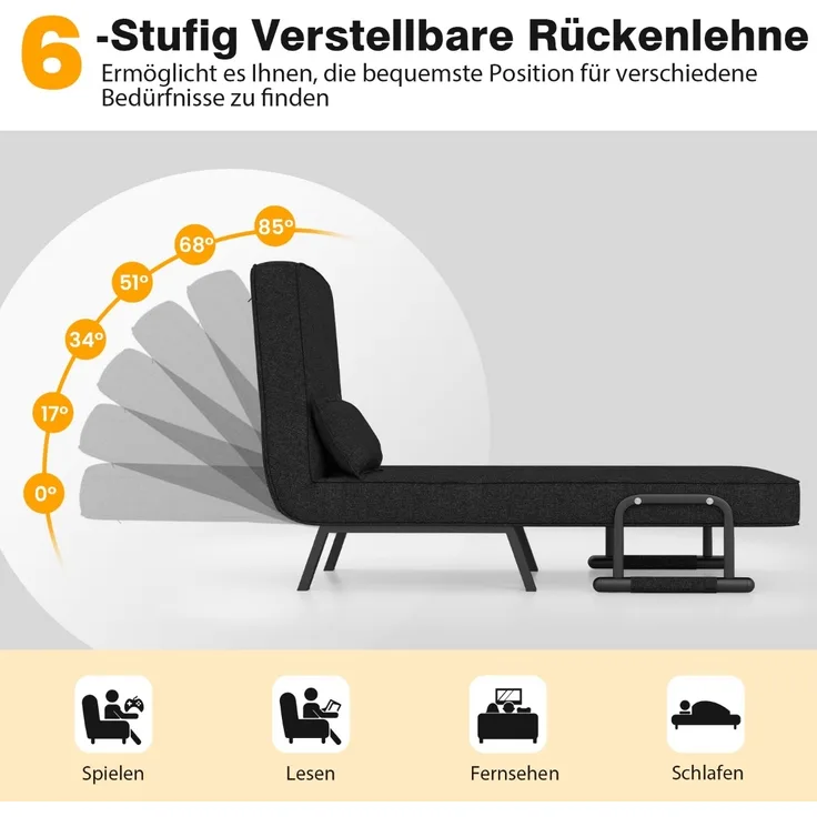 Schlafsessel mit Bettfunktion Klappsofa Schlafsofa mit verstellbarer Rückenlehne & abnehmbarem Kissen Schwarz