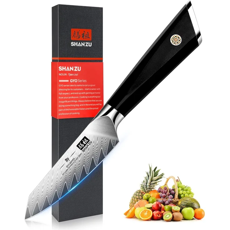 SHAN ZU Damastmesser Schälmesser Obstmesser scharf 9,3 cm Gemüsemesser Küchenmesser, 10Cr15MoV Japanischem Damaststahl 67-Schicht Damaszener Stahl Twill Muster Fruchtmesser mit G10 Griff - GYO Series