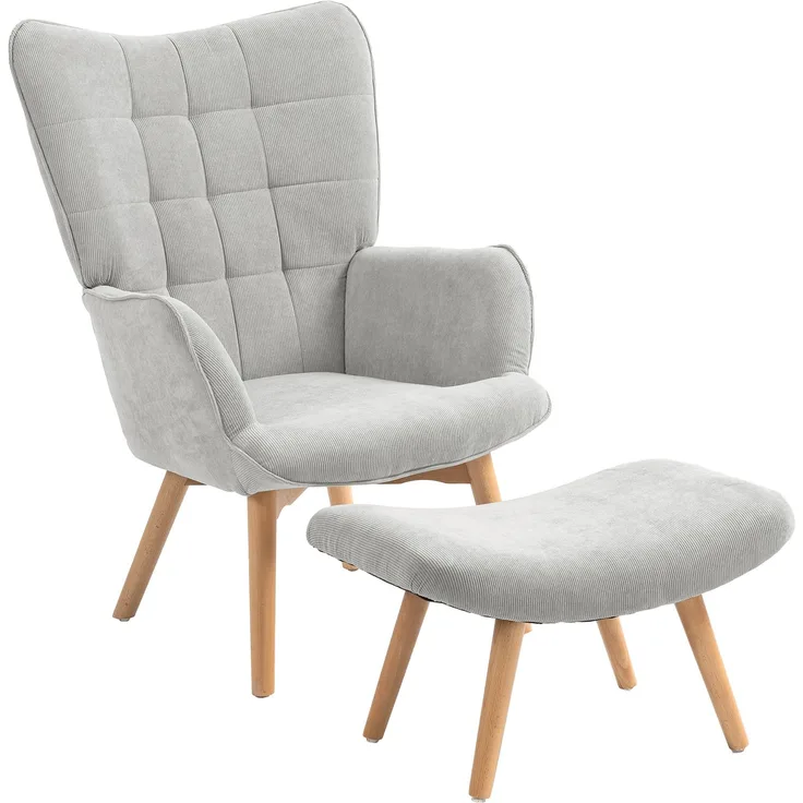 Ohrensessel mit Hocker, Relaxsessel, Polstersessel in Cord-Optik, Loungesessel, Armlehnstuhl mit Holzbeine, Fernsehsessel für Wohnzimmer, Grau--Herde--80x72x101cm--YOUDENOVA