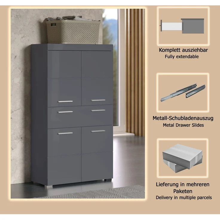 Trendteam 'Amanda' Midischrank, Holz, 132 x 31 x 73 cm, Grau Hochglanz – Bild 17