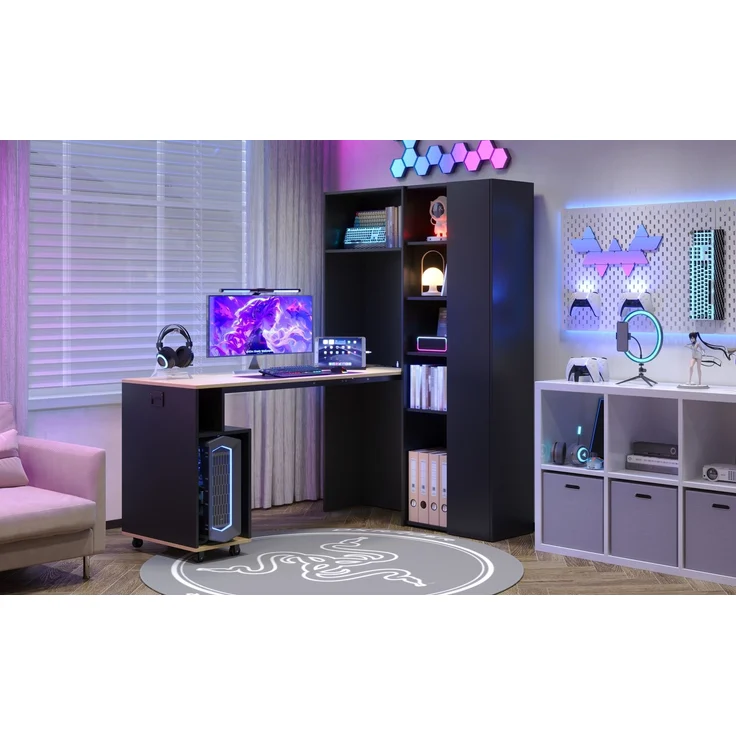 ZUBALIYA Klappbarer Schreibtisch mit Ablagen –2-in-1-Bücherregal und Schreibtisch, klappbar, mit Steckdose und USB-Anschluss, höhenverstellbare Ablagen, Kippschutz, Schreibtisch,Eck-Schreibtisch-rechts – Bild 15