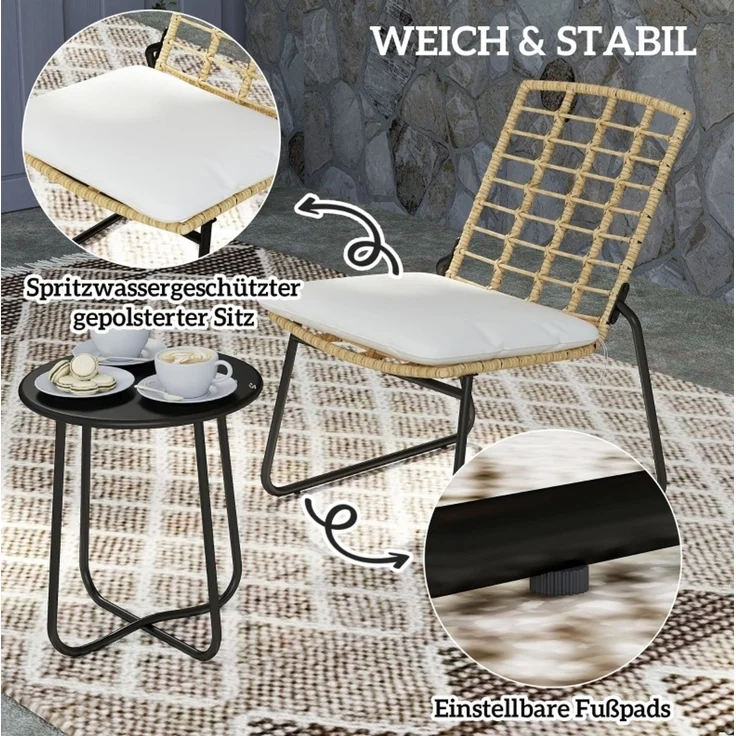 Stilvora Balkonmöbel-Set aus Rattan, 3-teilig mit stapelbaren Stühlen & Tisch, Beige, 56×67×78 – Bild 4