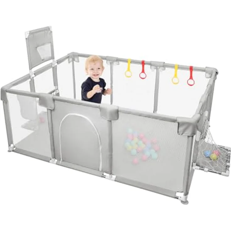 Laufgitter für Kinder mit Saugnäpfen, Verbesserte Version 2025 Babygehege 300D Oxford-Gewebe, Aktivitätszentrum für Kinder, einfach zu montieren und zu reinigen - 180 x 120 x 66 cm - Hellgrau – Bild 2