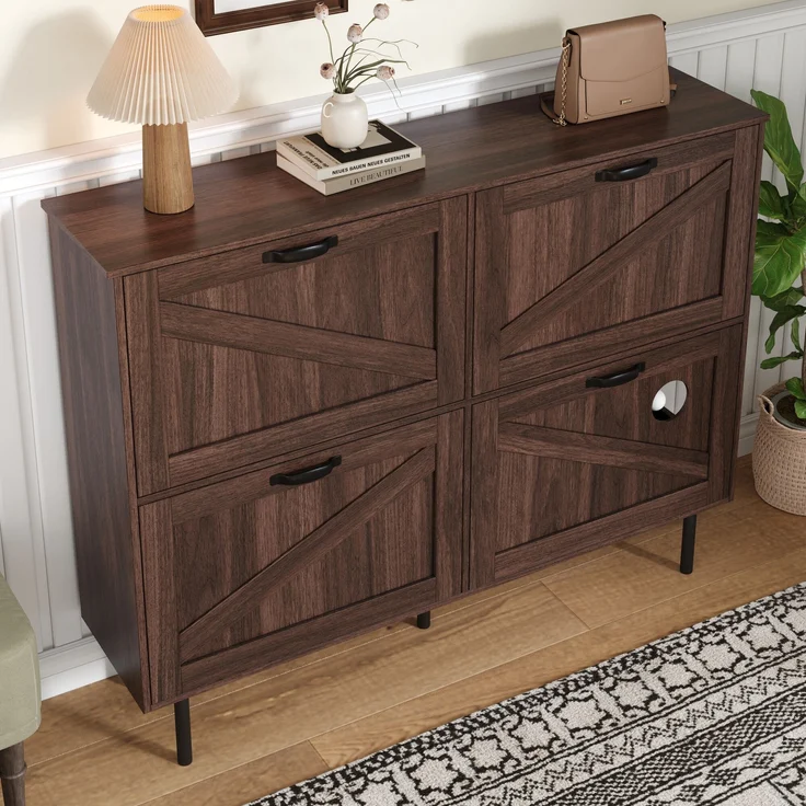 Schuhschrank aus Spanplatte mit 4 Türen & Klappenfächern, 120x28x92 cm, Walnussfarbe – Bild 3