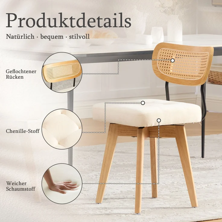 LVHOM 2er-Set Esszimmerstühle 360° Drehstuhl, Polsterstuhl in Rattan-Optik mit Chenille Kissen, stabiler Küchenstuhl mit Metallbeinen, Beige – Bild 3