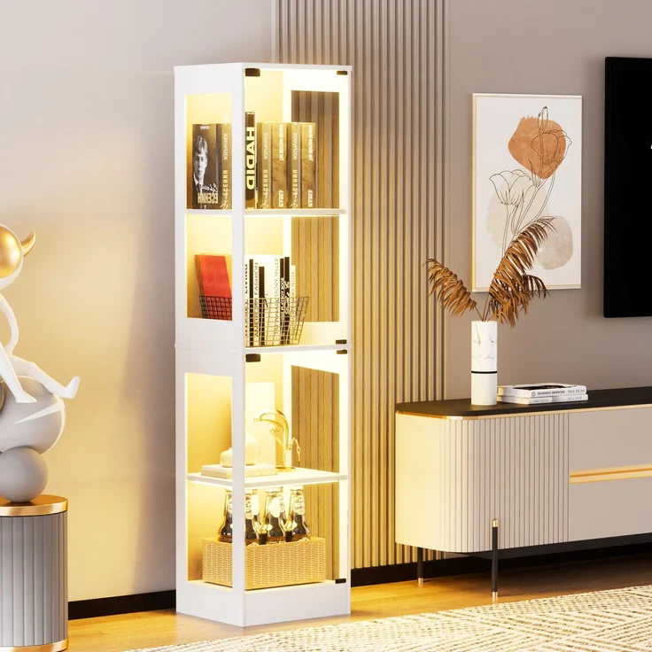 Vierstöckige Glasvitrine mit Stauraum, LED-Beleuchtung, Glastüren und intelligenten Sensoren, Als staubdichte Glasvitrine für Wohnzimmer, Schlafzimmer und Büros geeignet, Weiß. 40*35*165cm--Weiß--40x35x165cm--YOUDENOVA – Bild 7