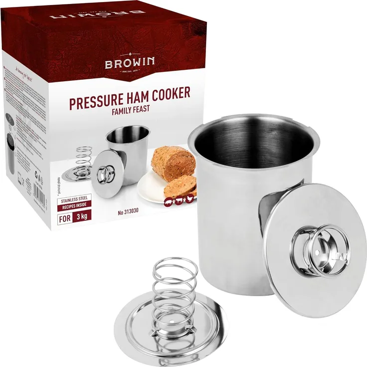 BROWIN Rostfreier Schinkenkocher | von bis zu 3 kg | silber – zum Schinken selber machen | für die Herstellung von hausgemachtem Aufschnitt und Wurst | 15,7 x 15,7 x 18,5 cm, grey, 313030