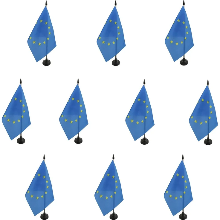 AZ FLAG 10 Stück Tischflagge Europa, 21x14 cm – 10 kleine europäische Flaggen – Europäische Union – EU-Büro-EU, 100% Polyester, mit Fahnenstange von 25 cm und Sockel aus schwarzem Kunststoff