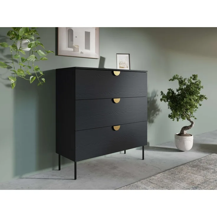 Leonique Kommode Kommode Bellot mit 3 Schubladen und goldenen Metallgriffen, Sideboard auf Metallfüßen, BxTxH 100x40x107 cm