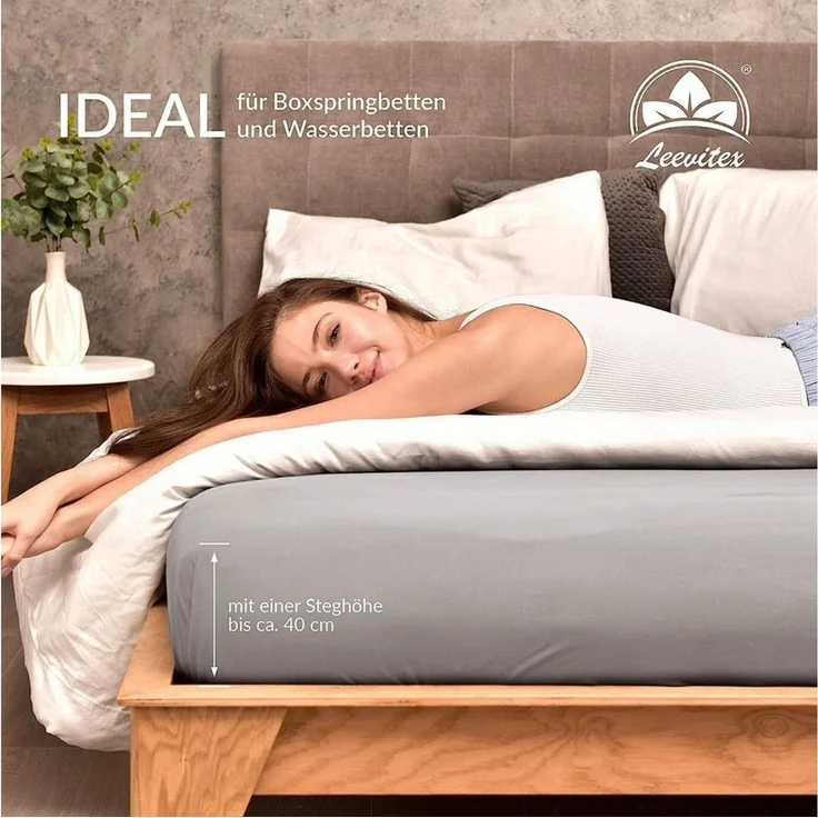 leevitex® Spannbettlaken Premium, verschiedene Größen, Stoffgewicht 195 g/m², 40 cm Steghöhe, Jersey-Elasthan, Gummizug: rundum, (1 Stück), verschiedene Farben, OEKO-TEX® STANDARD 100 zertifiziert – Bild 4