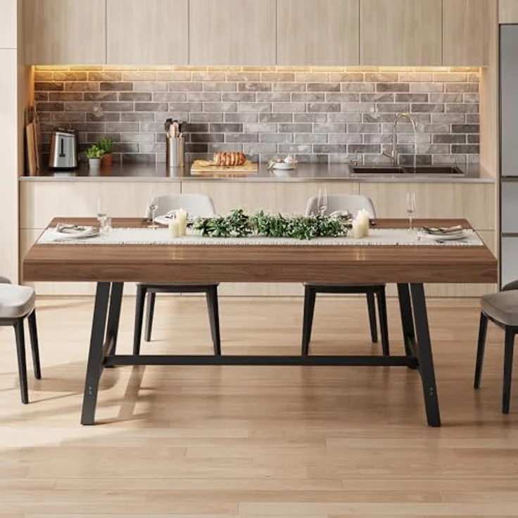 Jocoevol Esstisch, Langer Holz-Esstisch für 6–8 Personen mit 2 Schubladen, Stabiler Metallrahmen, Landhaus Küchentisch, 180 cm Langer Rechteckiger Esszimmertisch, Braun – Bild 3