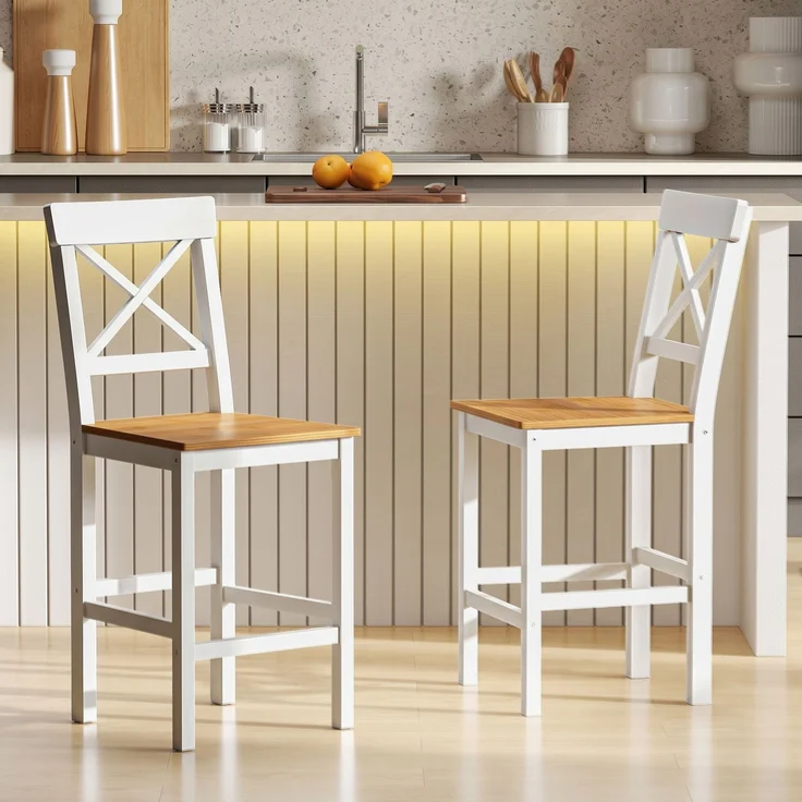 Barhocker 2er Set Barstuhl aus Kiefernholz mit Fußstütze, Lehne, Landhaus-Stil für Küche, Wohnzimmer, Natur--Naturholz--97.5x41x46cm--YOUDENOVA – Bild 10