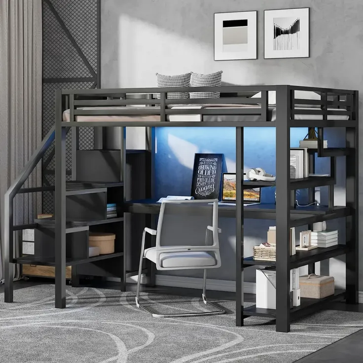 Hochbett mit Schreibtisch, LED-Streifen, Kleiderschrank, Regal, Treppe, Steckdose, USB, Rausfallschutz, 140x200cm, Kinderbett, Metallbett – Bild 3