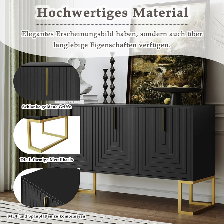 Merax Modernes 3-türiges Sideboard mit verstellbaren Regalen, U-förmigen Schranktüren und Metallgriffen und Sockel für Esszimmer und Küche (Schwarz) – Bild 5