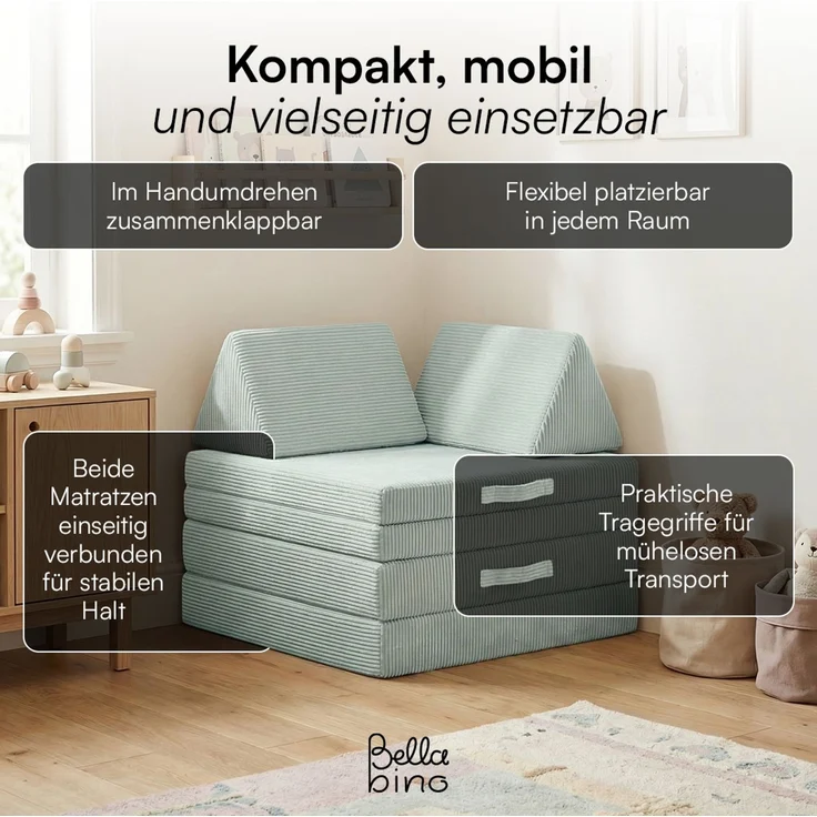 Bellabino 'Nile' Spielsofa mit Kissen und Armlehnen, 8-tlg, Cord, türkis, faltbare Kindercouch, abnehmbarer & waschbarer Bezug, Kindersofa aus Schaumstoff – Bild 8