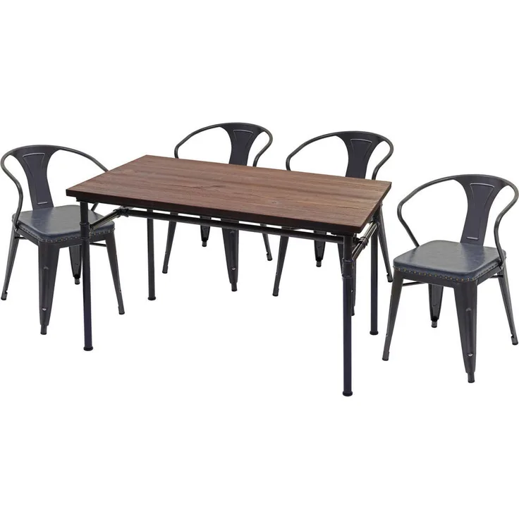 MCW Esszimmer-Set, Industrie-Style mit Ulmenholz-Tischplatte und Kunstleder-Stühlen, Schwarz-Grau, 120x115x70 cm