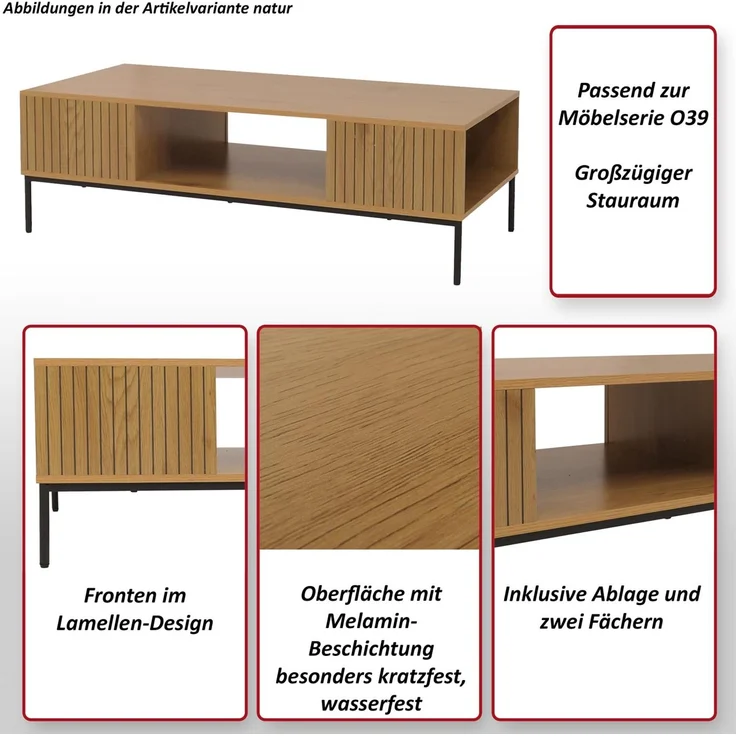 Couchtisch HWC-O39, Tisch Sofatisch Beistelltisch Ablage, Melamin MDF 39x120x60cm ~ natur – Bild 2