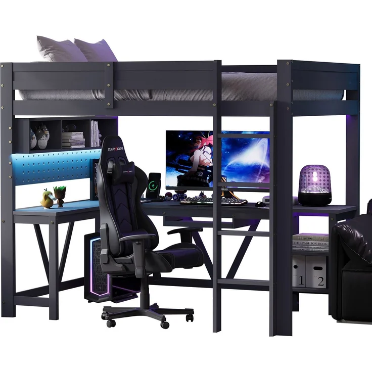 Hochbett mit RGB LED-Streifen und Eckschreibtisch, Trittletier, Regal, Wandgitter, USB und Type-C, 90x200 cm, Kinderbett mit Rausfallschutz, Kiefer – Bild 5