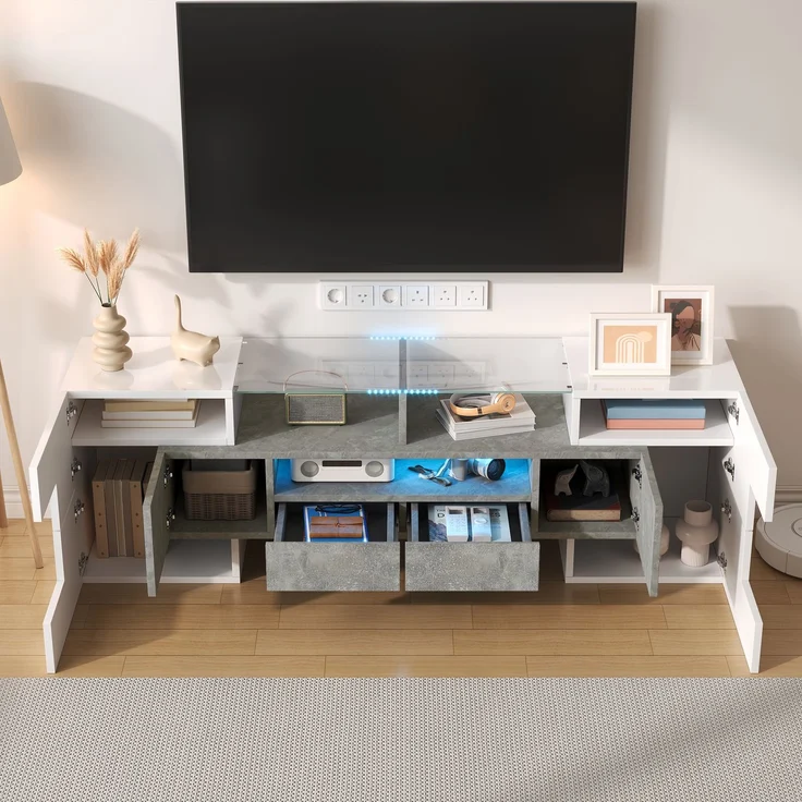 TV-Schrank 145 cm Hochglanzweiß und Beton mit LED-Beleuchtung, 6 Türen, 2 Schubladen, 3 offene Fächer – Bild 3
