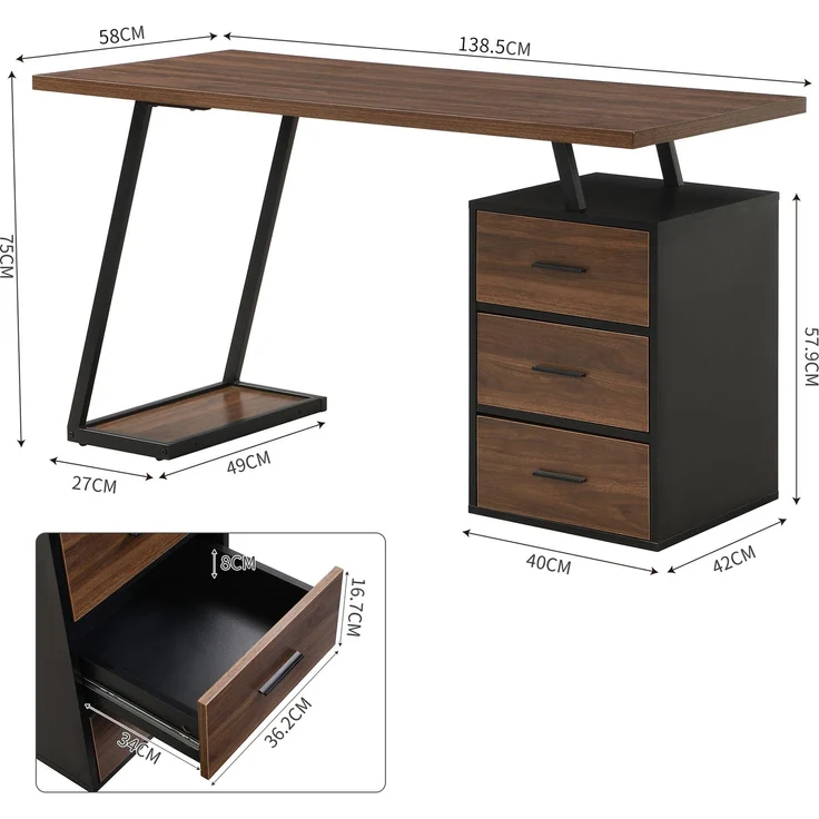 old sku:LY316258AAB,Bürotisch Arbeitstisch Ablage Basteltisch Industrial Schreibtisch 138.5cm mit 3 Schubladen – Bild 3
