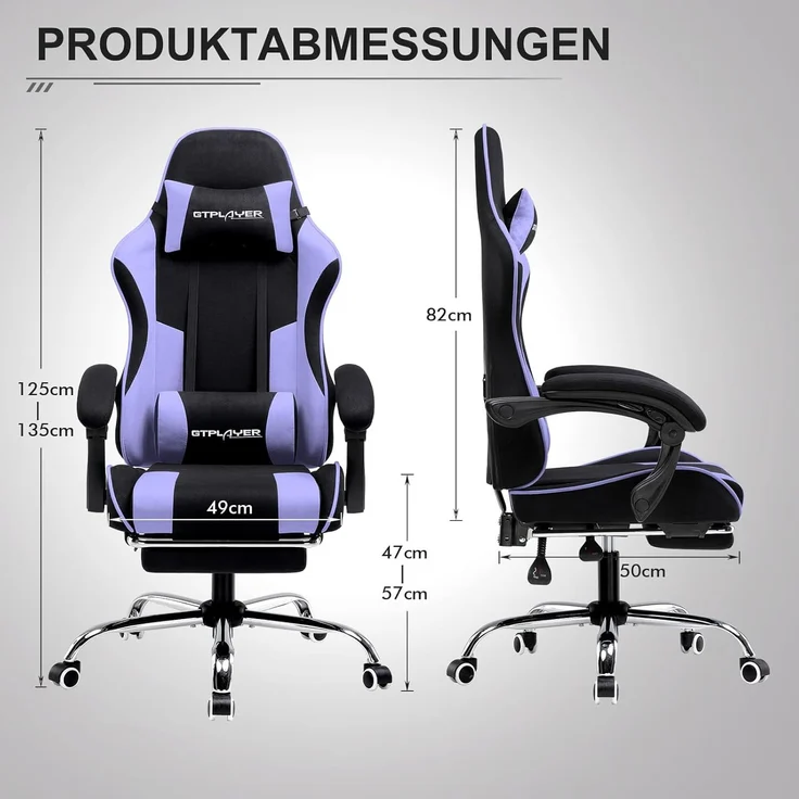 GTPLAYER Gaming Stuhl Stoff, Bürostuhl Massage Gaming Sessel Ergonomischer Gamer Stuhl mit Fußstütze, Kopfstütze Massage-Lendenkissen, Gepolstert Gaming Chair, Drehsessel, lila – Bild 8