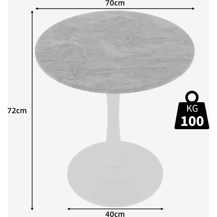 Novelux Runder Esstisch 70cm Marmor-Optik Weiß, Mid-Century Modern Küchentisch für 2-4 Personen, Kaffeetisch mit MDF-Platte & Metallgestell – Bild 2