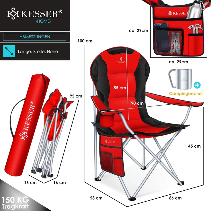 KESSER® Campingstuhl faltbar bis 150 kg Angelstuhl Faltstuhl Klappstuhl Gepolstert mit Armlehnen, Getränkehalter + Tasche mit hoher Rückenlehne, Strandstuhl, Klapphocker Rot / Schwarz – Bild 8
