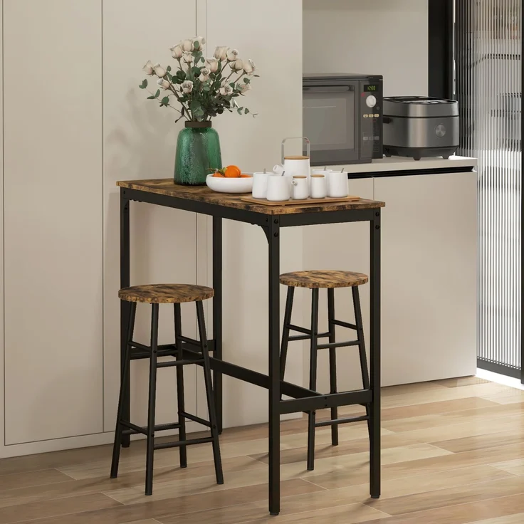 MELAYR, Bartisch mit 2 Stühlen im Industriedesign 2er-Set Barhocker mit Tisch, 105 x 40 x 90 cm, Rustikal-Braun – Bild 4