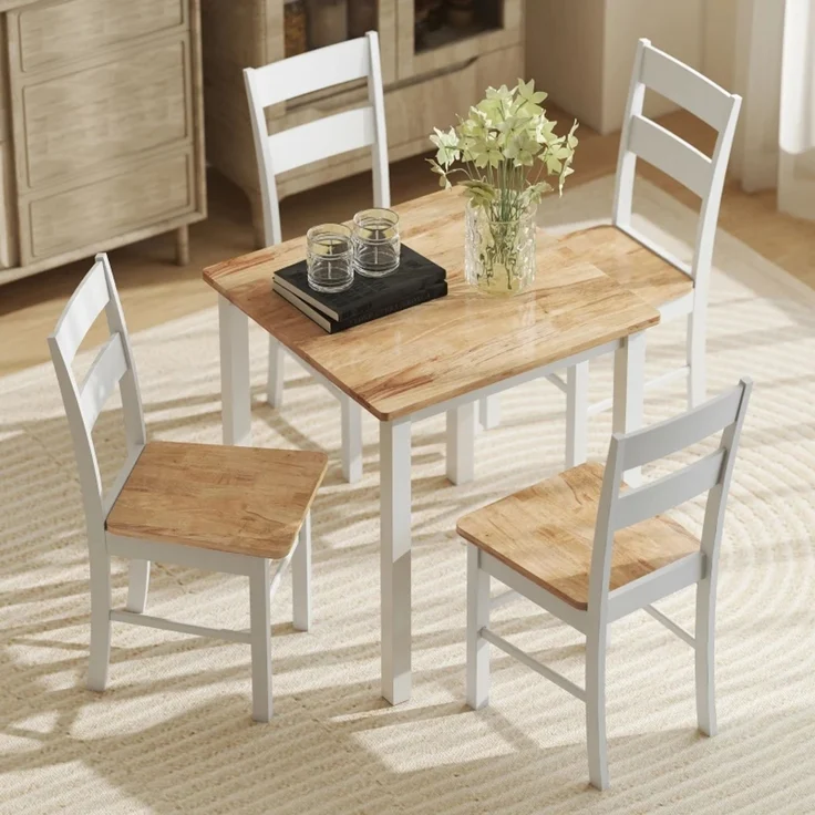 2er-Set Küchenstühle, Kautschukholz, gebogene Sprossenlehne, Weiß--Eiche--50.5x40x88.5cm--YOUDENOVA – Bild 7