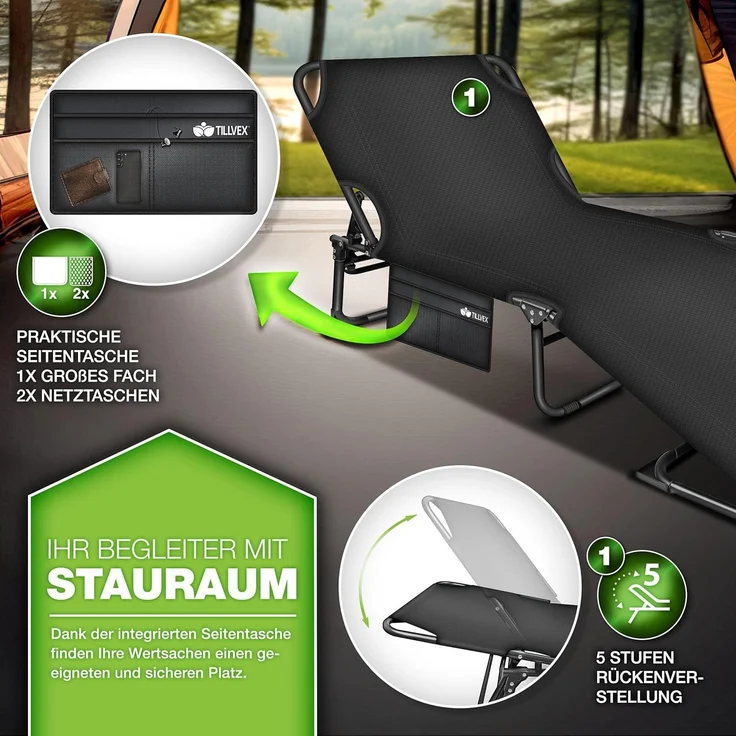 tillvex® Campingbett klappbar Schwarz mit Seitentasche & Nackenkissen bis 280 kg | Campingliege Sonnenliege mit Polster | Feldbett Outdoor & Indoor | Klappbett Gästebett faltbar Garten Camping Festival Reise – Bild 5