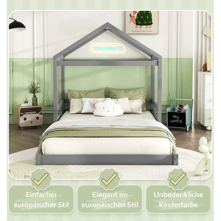 Hausbett 140x200 cm für Kinder, Kinderbett in Hausform mit Lattenrost,modernes Montessori Bett,stabiles Holzhausbett, Grau – Bild 5